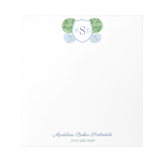 Classic Ladies Blue And Green Monogram Ginger Jar Notepad (Front)