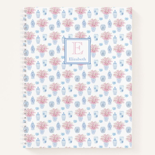 Classic Ladies Blue White Pink Ginger Jars Initial Notebook (Front)