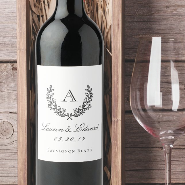 Classic Laurel Monogram Wedding Wine Bottle Labels (Creator Uploaded)