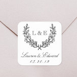 Classic Laurel Wedding Initial Monogram Square Sticker<br><div class="desc">Custom-designed wedding logo stickers and labels featuring classic style laurel wreath monogram design with couple's initial,  name,  and wedding date.</div>