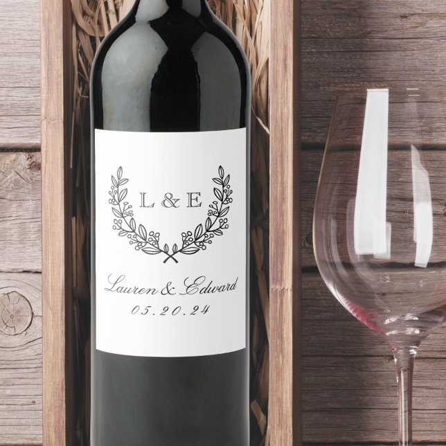 Classic Laurel Wedding Initial Monogram Wine Label (Creator Uploaded)