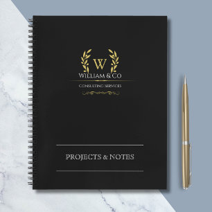 Classic Laurel Wreath Black Gold Monogram Business Notebook