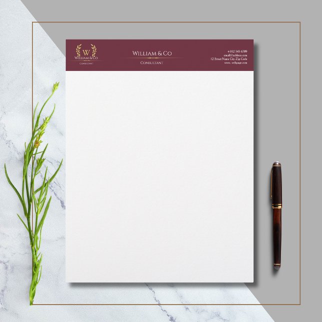 Classic Laurel Wreath Burgundy Gold Monogram Custom Letterhead (Creator Uploaded)