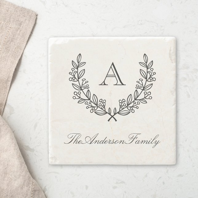Classic Laurel Wreath Family Name Monogram Stone Coaster (Creator Uploaded)