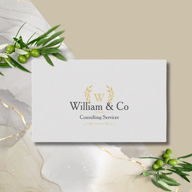 Classic Laurel Wreath Grey Gold Monogram Business Card (Creator Uploaded)
