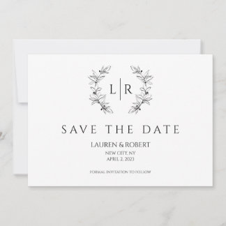 Classic Laurel Wreath Monogram Save the Date Invitation