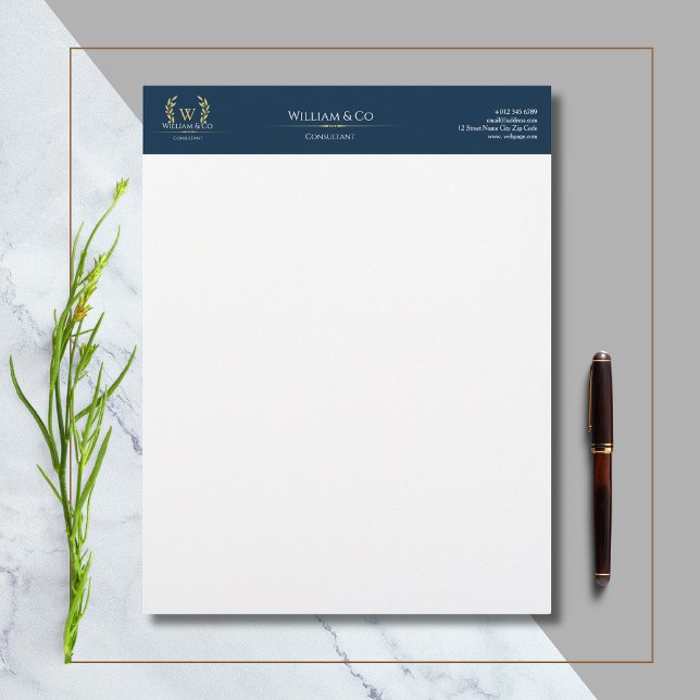 Classic Laurel Wreath Navy Blue Gold Monogram Custom Letterhead (Creator Uploaded)