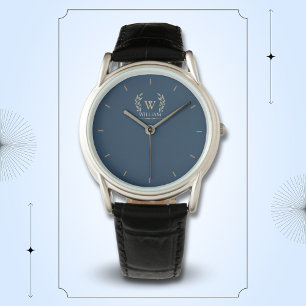 Classic Laurel Wreath Navy Blue Gold Monogram Watch
