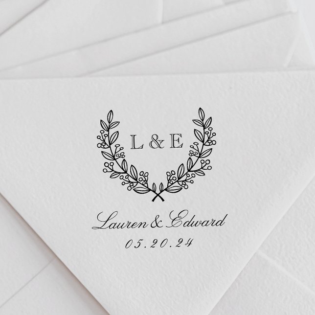 Classic Laurel Wreath Wedding Monogram Name Self-inking Stamp (Creator Uploaded)