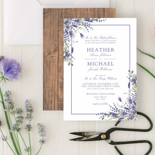 Classic Lavender Eucalyptus Wood Script Wedding Invitation (Creator Uploaded)