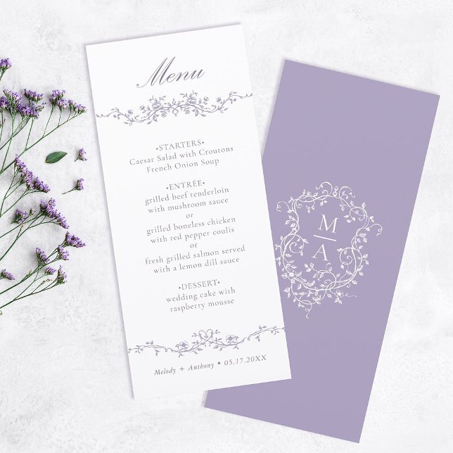 Classic Lavender Floral Border Wedding Menu (Front & Back)
