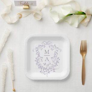 Classic Lavender Floral Crest Monogram Wedding Paper Plate