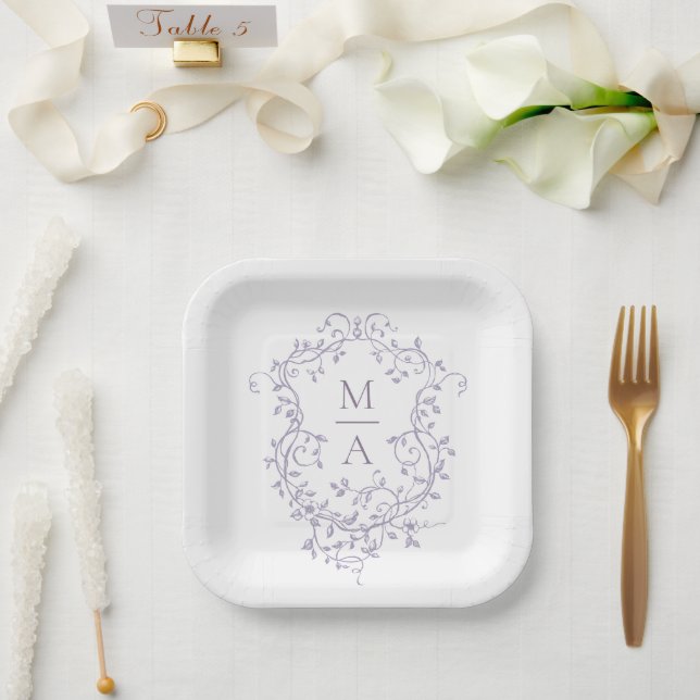 Classic Lavender Floral Crest Monogram Wedding Paper Plate (Wedding)