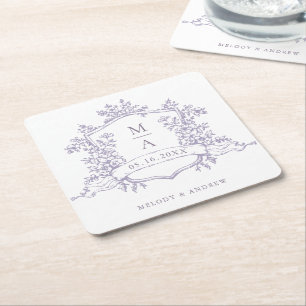 Classic Lavender Floral Crest Monograms Wedding  Square Paper Coaster
