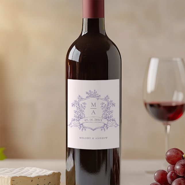 Classic Lavender Floral Crest Monograms Wedding Wine Label (Creator Uploaded)