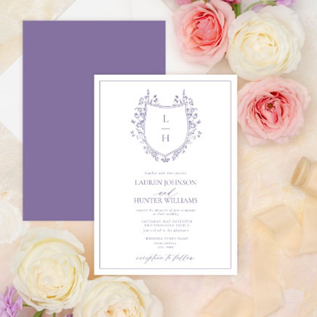 Classic Lavender Wildflower Monogram Crest Wedding Invitation (Creator Uploaded)