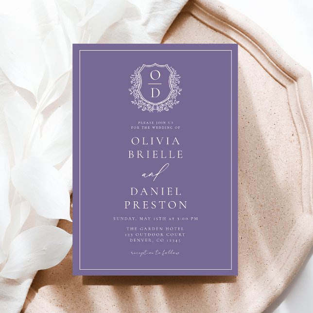 Classic Lavender Wildflower Monogram Crest Wedding Invitation (Creator Uploaded)