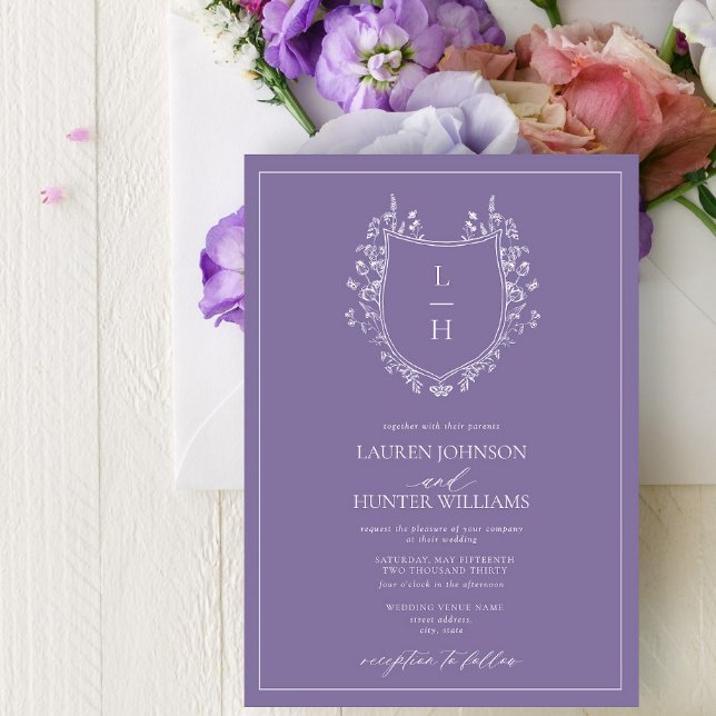 Classic Lavender Wildflower Monogram Crest Wedding Invitation (Creator Uploaded)