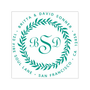 Classic Leaf V Wreath 3 Monograms - Return Address Self-inking Stamp