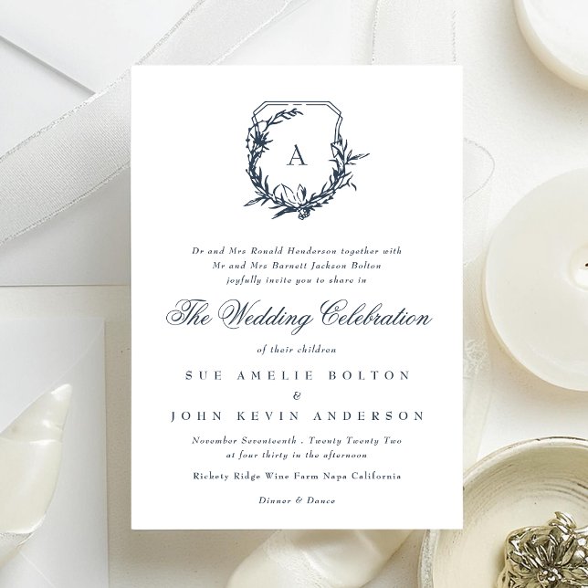 classic leafy crest wedding navy blue monogram invitation (Creator Uploaded)