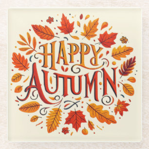 classic leaves & Happy Autumn  Glass Coaster