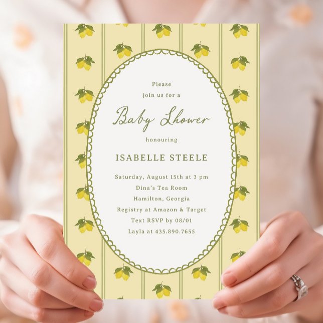 Classic Lemon Stripe Pattern Baby Shower Invitation (classic lemon baby shower invitation)