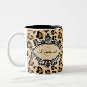 Classic Leopard Pattern Custom Name & Monogram Two-Tone Coffee Mug