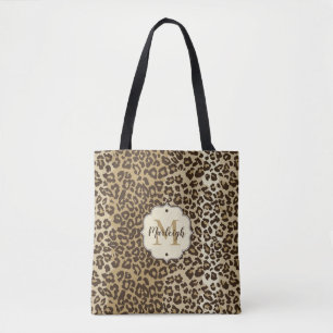 Classic Leopard Print Custom Monogram Name Tote Bag
