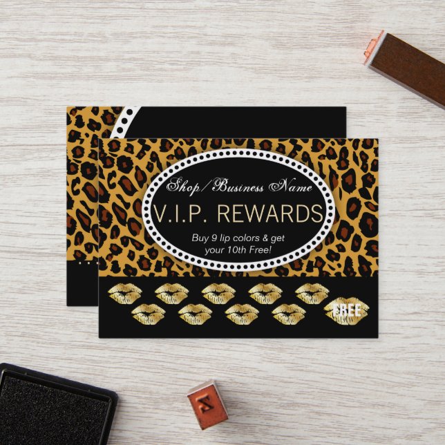 Classic Leopard Print - Gold Lips Loyalty Rewards Card (Front/Back In Situ)
