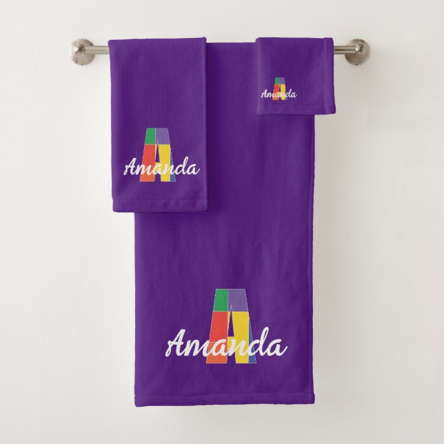 Classic letter A coloured monogrammed purple Bath Towel Set (Insitu)