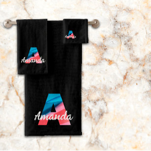 Classic letter A coral blue monogrammed black Bath Towel Set