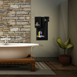 Classic letter C coloured monogrammed black  Bath Towel Set