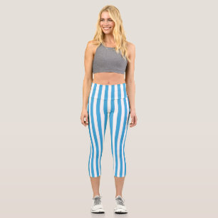 Classic Light Baby Blue and White Vertical Stripes Capri Leggings