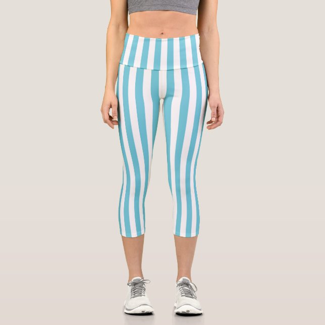 Classic Light Blue and White Vertical Stripes Capri Leggings (Front)