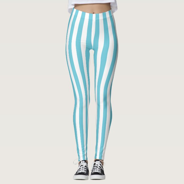 Classic Light Blue and White Vertical Stripes Leggings (Front)