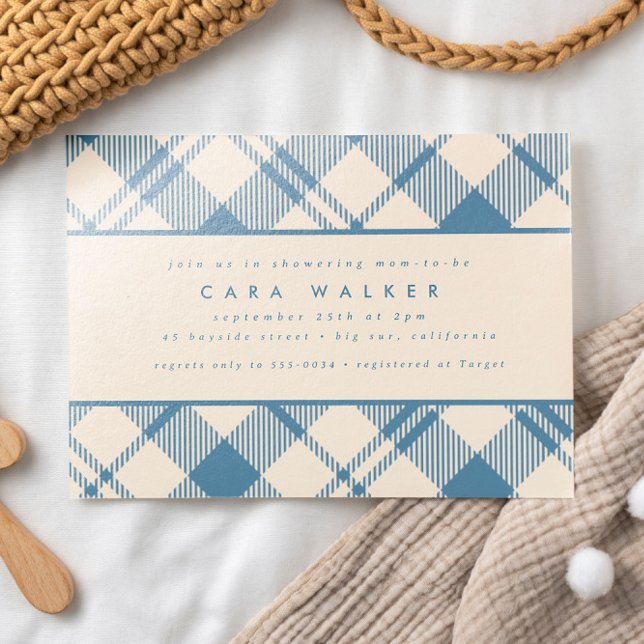 Classic Light Blue Beige Plaid Boy Baby Shower Invitation (Creator Uploaded)