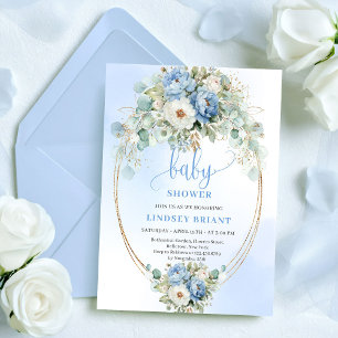 Classic Light Blue Peonies Eucalyptus Baby Shower Invitation