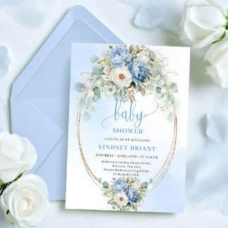 Classic Light Blue Peonies Eucalyptus Baby Shower Invitation
