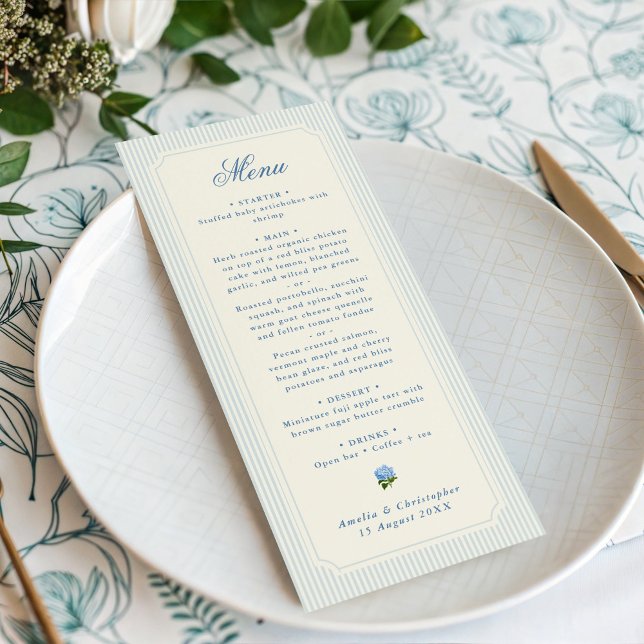Classic Light Blue Stripes Hydrangea Wedding Menu (classic blue pinstripes wedding menu)