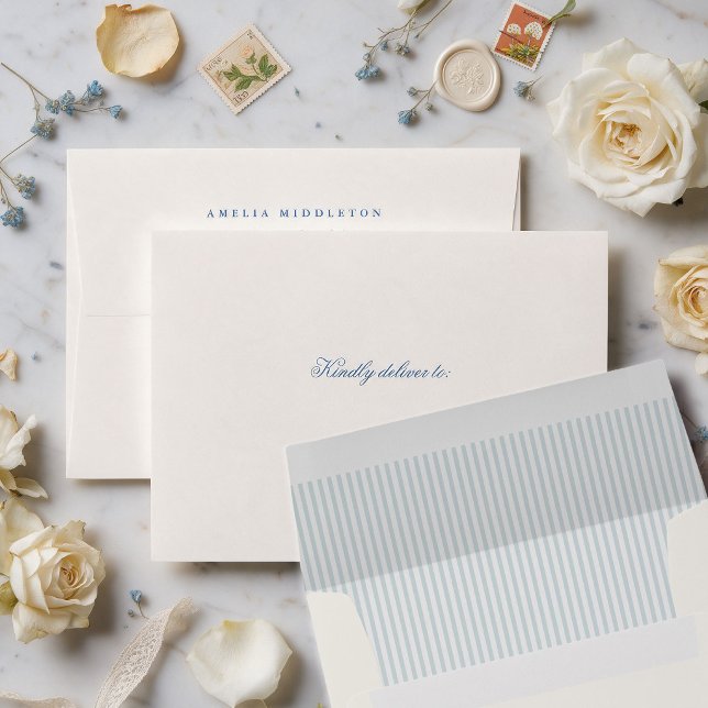 Classic Light Blue Stripes Wedding Envelope (classic wedding envelopes with elegant typography and light blue stripes inside)