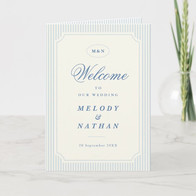 Classic Light Blue Stripes Wedding Folded Paper Programme (Front)