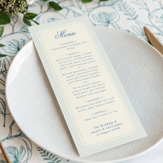 Classic Light Blue Stripes Wedding Menu (classic light blue stripes wedding menu with timeless typography)