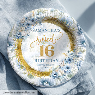 Classic Light Blue Sweet Sixteen Gold Glitter  Paper Plate