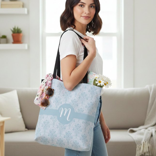 Classic Light Blue Vintage Damask Monogrammed Tote Bag (Classic Light Blue Vintage Damask Monogrammed Tote Bag)
