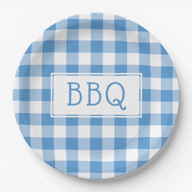 Classic Light Blue White Gingham Pattern BBQ Party Paper Plate (Front)