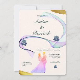 Classic Light Golden Purple Couple Figure Wedding Invitation