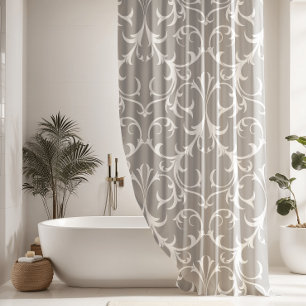 Classic  Light Grey & White Damask Floral Shower Curtain