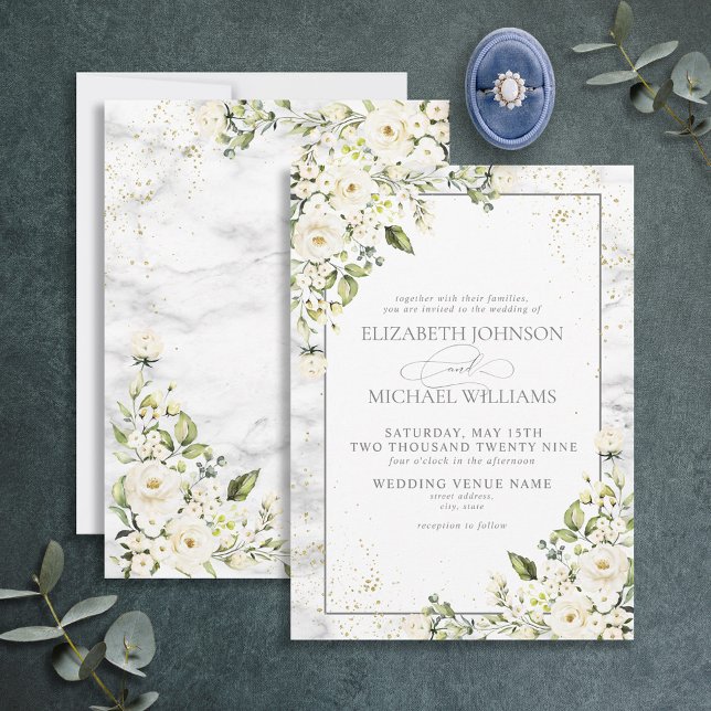 Classic Light Grey White Floral Gold Marble Weddin Invitation (Creator Uploaded)