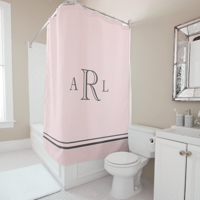 Classic Light Pink And Grey Three Letter Monogram Shower Curtain (In Situ)