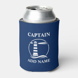 Classic Lighthouse Captain or Boat Name Navy Blue Can Cooler